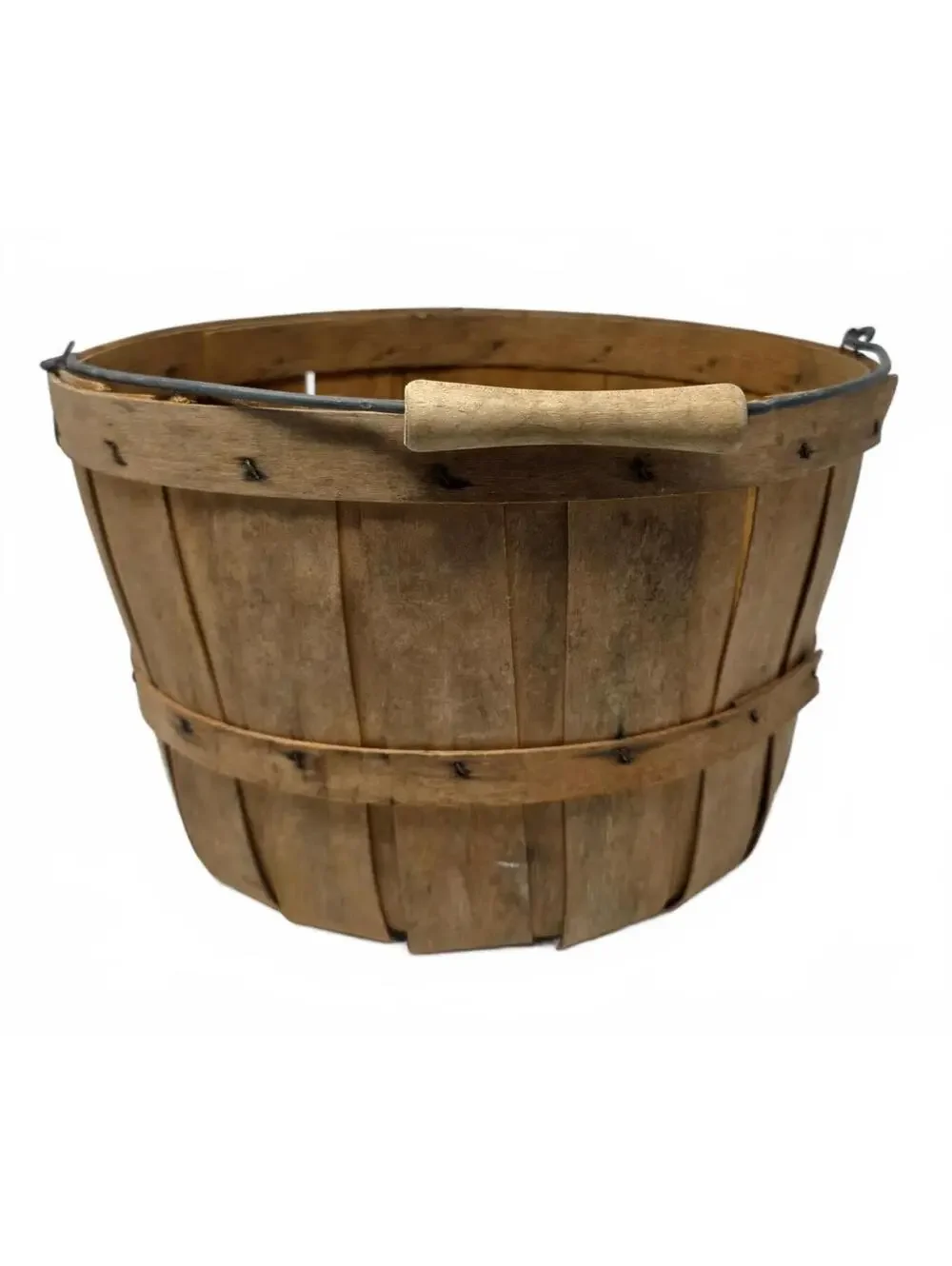 Vintage Wood Splint Apple Basket Wire Handle Rustic Farmhouse Harvest Decor